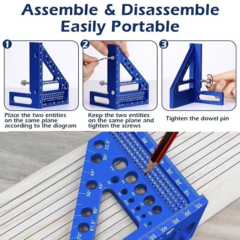Blue 3 Piece Multi Angle Measuring Ruler Set Precision Woodworking Square Protractor - Image 1