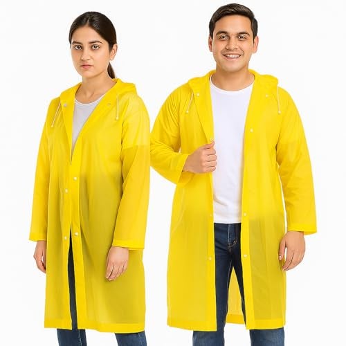 HACER EVA Waterproof Unisex Rain Coat Hooded Full Sleeves Outdoor Men, Women, Boys & Girls Rainwear Poncho Raincoat for Camping, Hiking & Travelling (Yellow) - Image 1