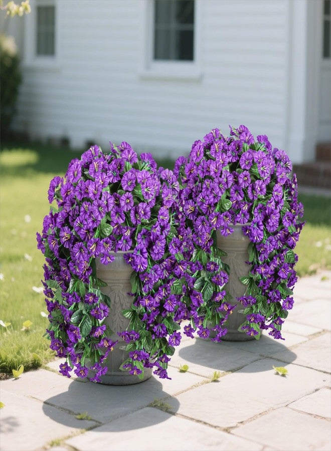 florisso Artificial Fake Hanging Plants Flowers for Outdoor 2 PCS Faux Silk Morning Glory Vines Stems UV Resistant for Wall Home Porch Patio Party Wedding Decor (Purple) - Image 2