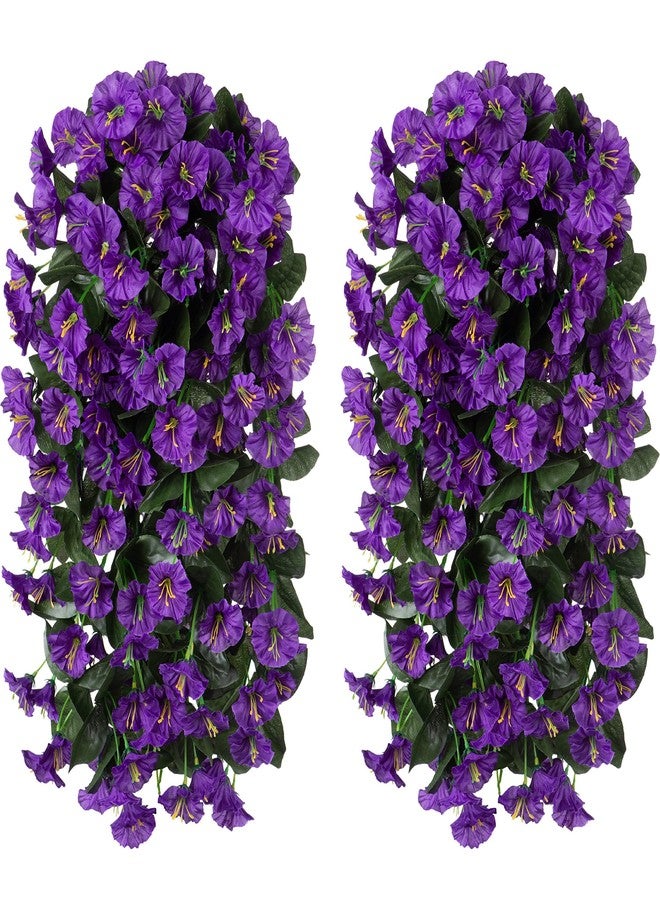 florisso Artificial Fake Hanging Plants Flowers for Outdoor 2 PCS Faux Silk Morning Glory Vines Stems UV Resistant for Wall Home Porch Patio Party Wedding Decor (Purple) - Image 5