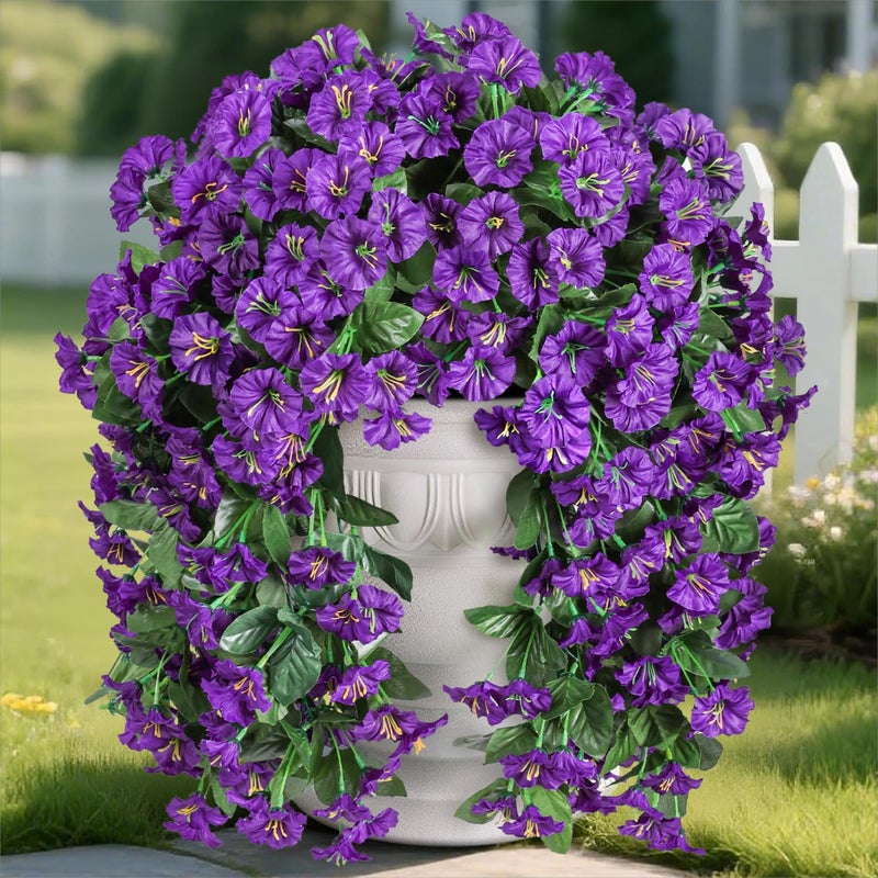 florisso Artificial Fake Hanging Plants Flowers for Outdoor 2 PCS Faux Silk Morning Glory Vines Stems UV Resistant for Wall Home Porch Patio Party Wedding Decor (Purple) - Image 1