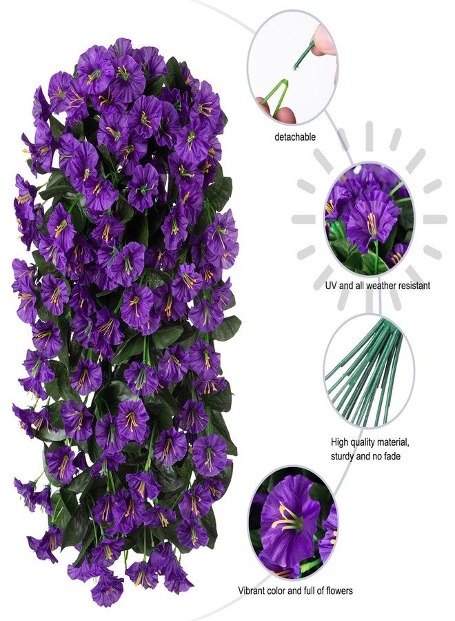 florisso Artificial Fake Hanging Plants Flowers for Outdoor 2 PCS Faux Silk Morning Glory Vines Stems UV Resistant for Wall Home Porch Patio Party Wedding Decor (Purple) - Image 3