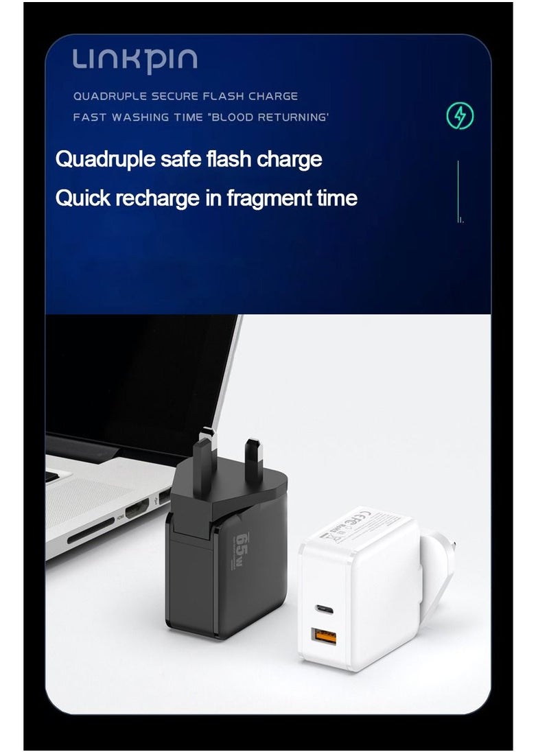 Linkpin - PD 65W GaN Fast Charger with 1 USB-A 1 Type-C Port and UK adapter - Image 1