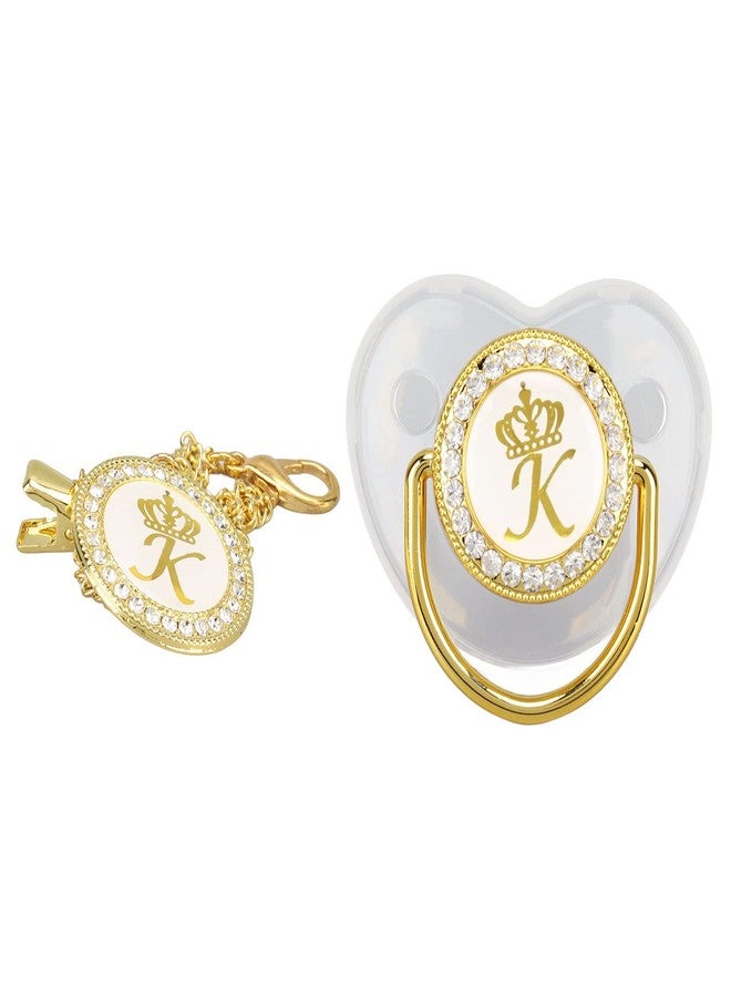 Focket Pacifier Clips Baby Girl, 26 Letter Rhinestone Baby Pacifier with Name Initial Letter, Curved Bling Pacifier for Girl, Newborn Baby Girl Pacifiers Clips, Baby Shower Birthday Gifts (K) - Image 1