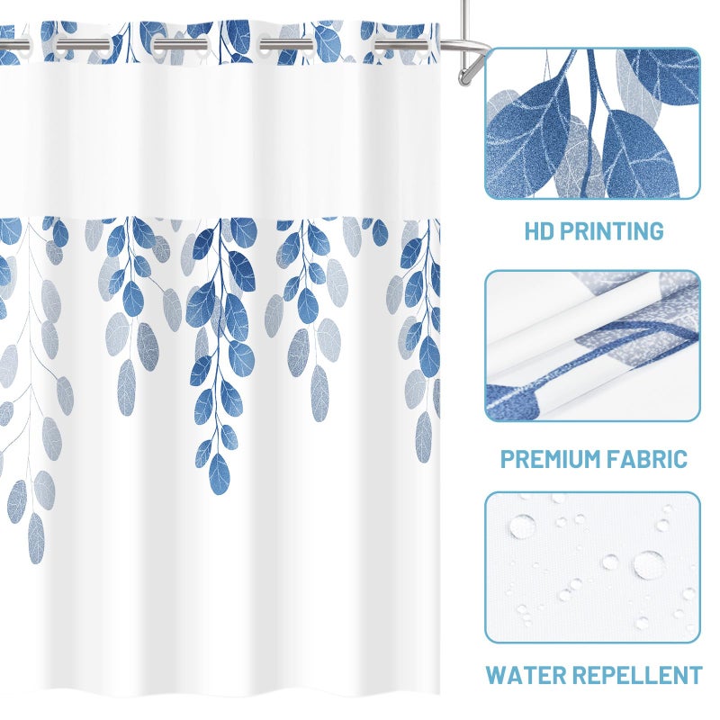WITHLOC Waterproof Shower Curtain Set with Hooks - Watercolor Blue Floral Plant Shower Curtains for Bathroom, 72 x 72 - Image 4