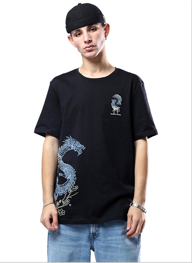 RAVIN Black Crew Neck Tee with Printed Dragon  - Image 1