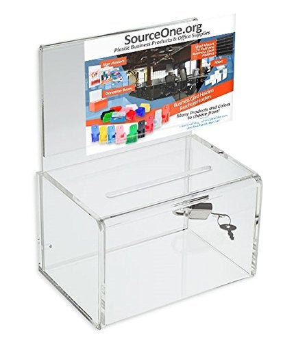 SourceOne Source One Small 5-Inch Wide Deluxe Oblong Donation Box with Ad Frame & Free Lock (Clear) - Image 1