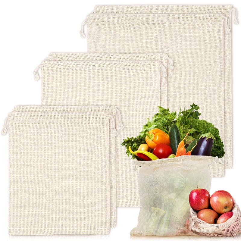 MAQIHAN 6 Pack Reusable Produce Bags Cotton Mesh Produce Bags Mesh Storage Produce Bags Reusable Durable Double Stitched With Drawstring Produce Bag For VegetablesFruit Grocery Shopping 2L2M2S