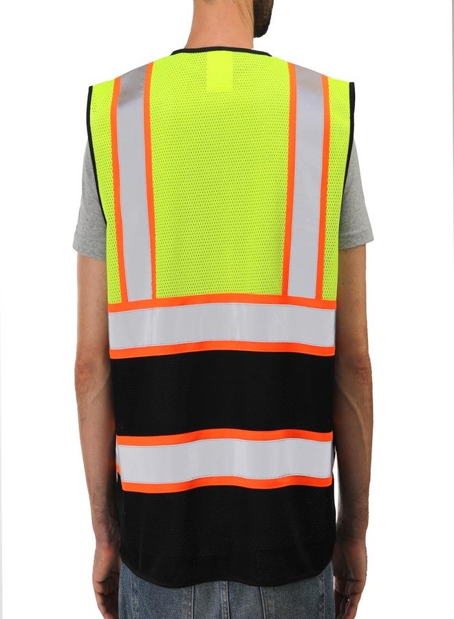 Dib Safety Reflective Mesh Vest High Visibility Two Tone with Pockets and Zipper, Yellow and Black Mesh with Orange Trim M - Image 2
