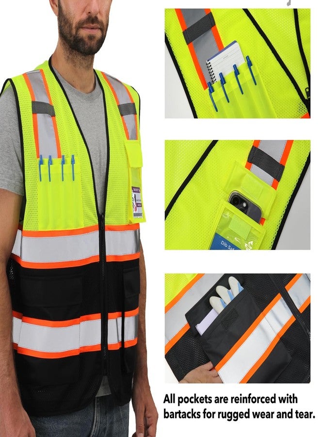 Dib Safety Reflective Mesh Vest High Visibility Two Tone with Pockets and Zipper, Yellow and Black Mesh with Orange Trim M - Image 4