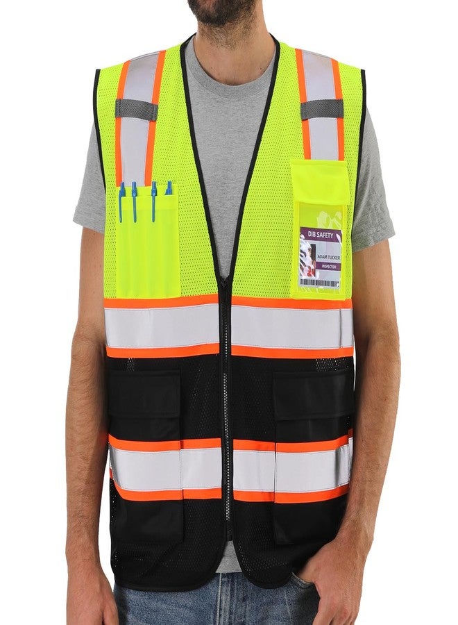 Dib Safety Reflective Mesh Vest High Visibility Two Tone with Pockets and Zipper, Yellow and Black Mesh with Orange Trim M - Image 1