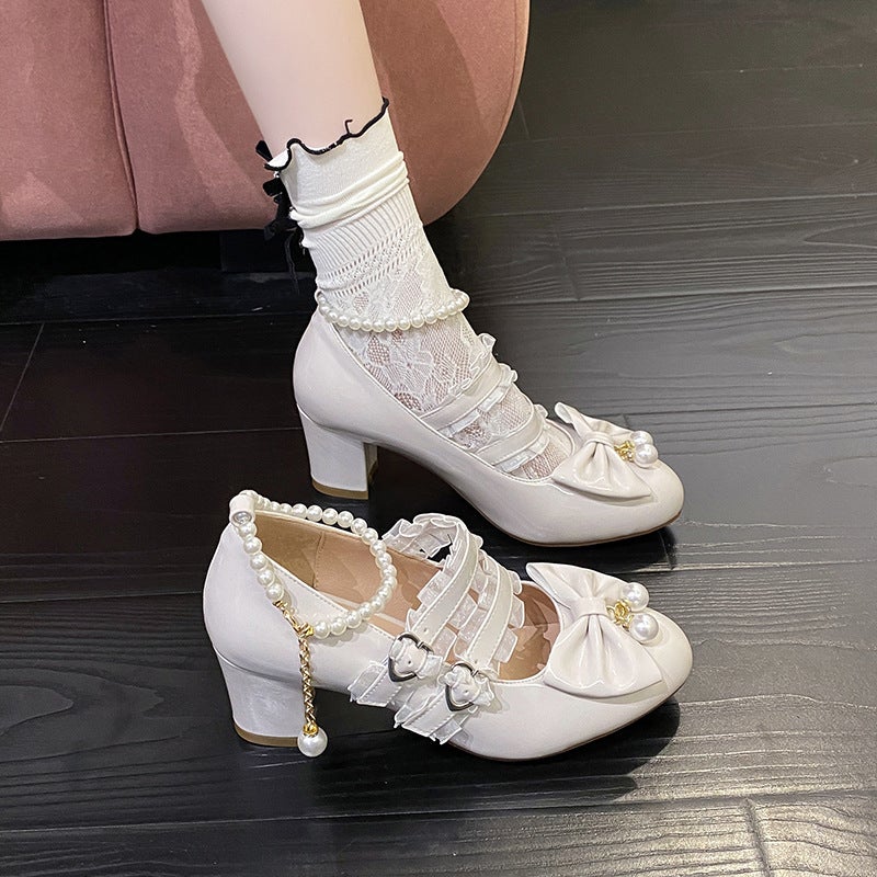 28-43 Size Size Loli Wind Sweet Bow Pearl Beaded Buckle Shoes - Image 5