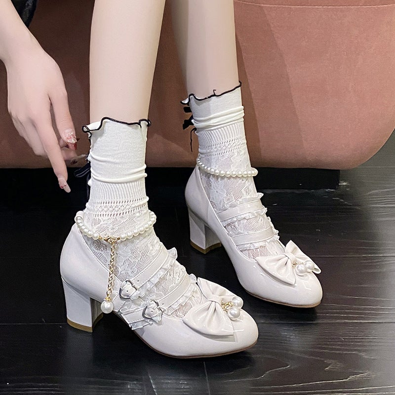 28-43 Size Size Loli Wind Sweet Bow Pearl Beaded Buckle Shoes - Image 2