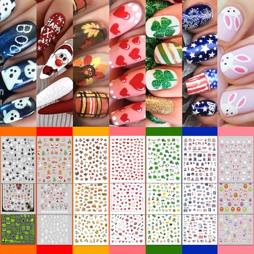 30 Sheets 7 Holiday Nail Art Stickers Mixed Season Nail Decals Set for All Year 3D SelfAdhesive Pegatinas Uas Easter 4th of July Halloween Thanksgiving Christmas Valentines St Patricks Day