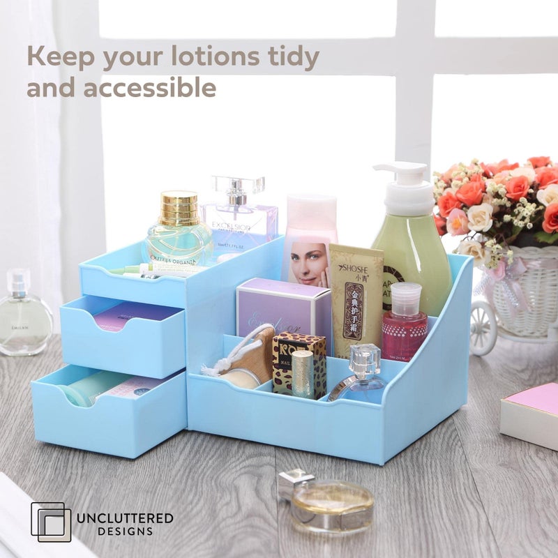 Uncluttered Designs منظم مكياج بتصميمات غير مفوضة مع أدراج - مساحة تخزين حديثة لمستحضرات التجميل - حامل أنيق لفرشاة العناية بالبشرة وأحمر الشفاه وتنظيم وعرض طلاء الأظافر (أزرق) - Image 5