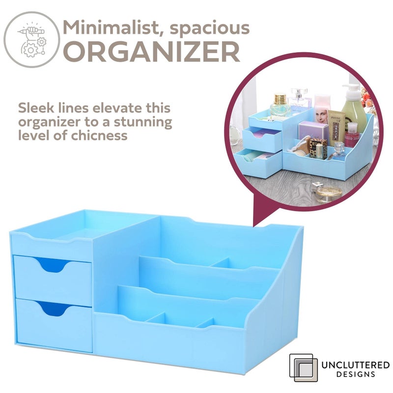 Uncluttered Designs منظم مكياج بتصميمات غير مفوضة مع أدراج - مساحة تخزين حديثة لمستحضرات التجميل - حامل أنيق لفرشاة العناية بالبشرة وأحمر الشفاه وتنظيم وعرض طلاء الأظافر (أزرق) - Image 2
