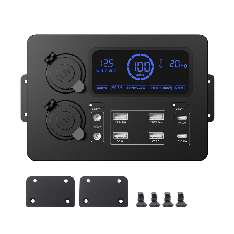 Mini Power Box, 12V 100W LCD Display Power Box with LED Lights, USB-C & QC3.0 Ports, Portable Control Hub for RVs, SUVs, Boats, Yachts, Cars - Image 1