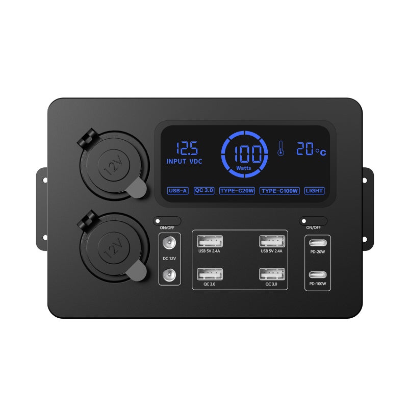Mini Power Box, 12V 100W LCD Display Power Box with LED Lights, USB-C & QC3.0 Ports, Portable Control Hub for RVs, SUVs, Boats, Yachts, Cars - Image 2