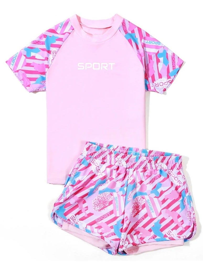 Loquat Girls Split Swimsuit 2 Piece Set Short Sleeve Swim Shirts,Double Layered Swim Trunks Bathing Suits - Image 1