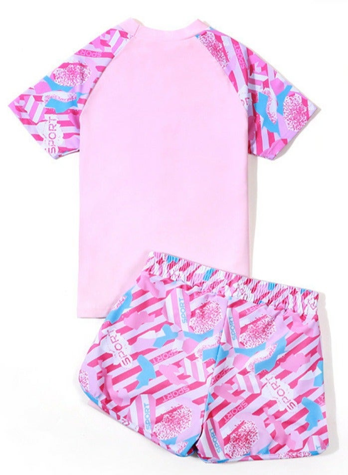 Loquat Girls Split Swimsuit 2 Piece Set Short Sleeve Swim Shirts,Double Layered Swim Trunks Bathing Suits - Image 2