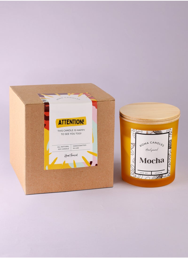 Roma Mocha Scented Candle 200 ml , Wooden Wick, Aroma Hand Poured Natural Jar candle - Roma Candles - Sweet Mocha Scent - Last longing frosted glass Jar with lid candle Home Decor  - Image 4