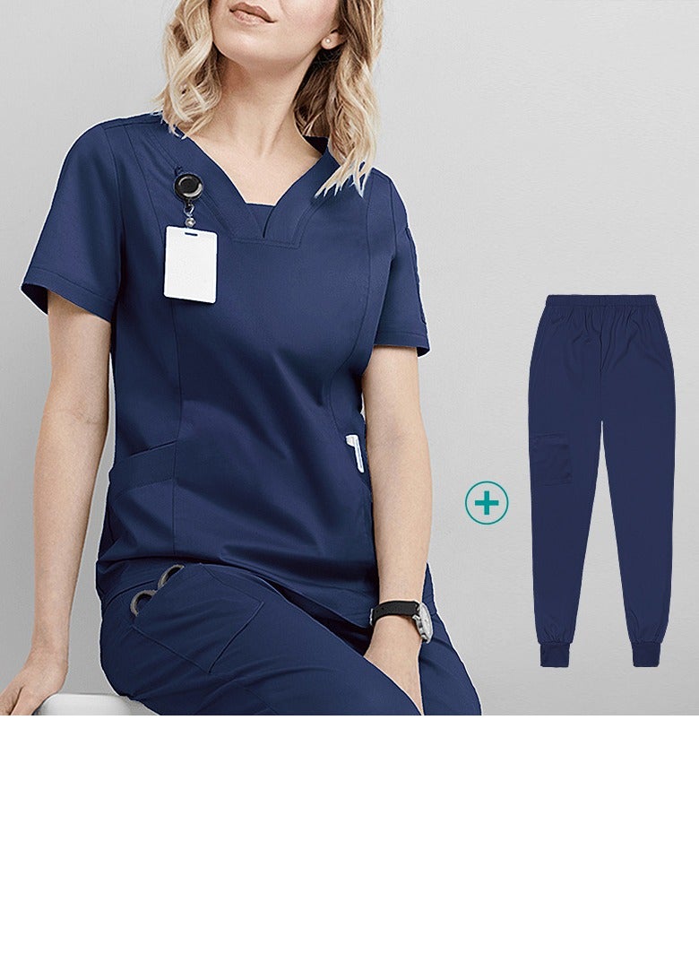 Loquat Solid Color Medical Uniform Scrubs Set Medical Scrubs 2 Piece Set Top and Pants Suit Navy Blue