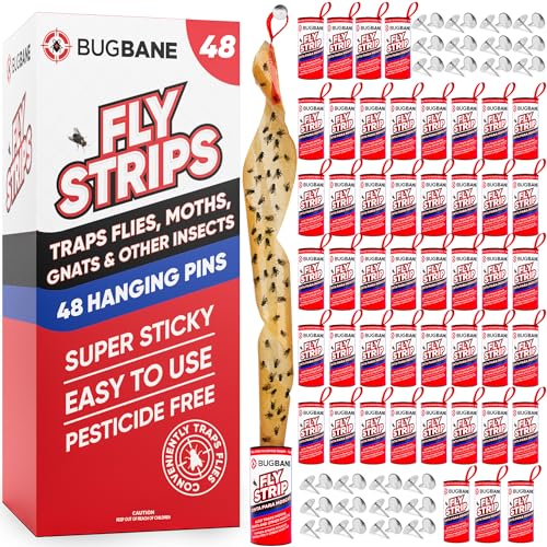 BugBane Fly Strips Indoor Sticky Hanging 48pk with Pins. Non Toxic Outdoor Fly Trap Indoor for Home. Flies Tape Paper Trap Ribbon Roll for House Gnat Fruit and Housefly. Bug Catchers for Inside Home Flypaper - Image 1