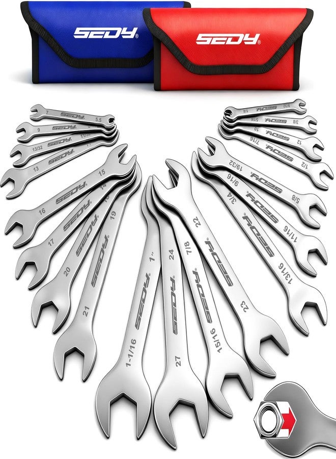 SEDY 19-Piece Super Thin Open-End Wrench Set, SAE 1/4"-1-1/16" & Metric 5.5-27 mm, 3 mm Thickness Slim Wrench Set for Tight Spaces, Nickel Plated Flat Wrenches with Red & Blue Rolling Storage Pouches - Image 1