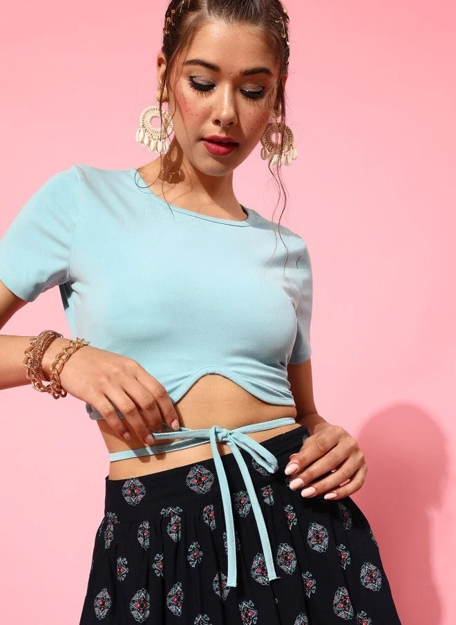 STREET 9  Turquoise Blue Solid Crop Top for Women for Women | Best Price UAE