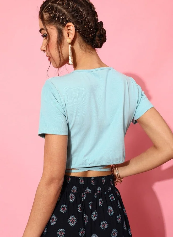 STREET 9  Turquoise Blue Solid Crop Top for Women for Women | Best Price UAE