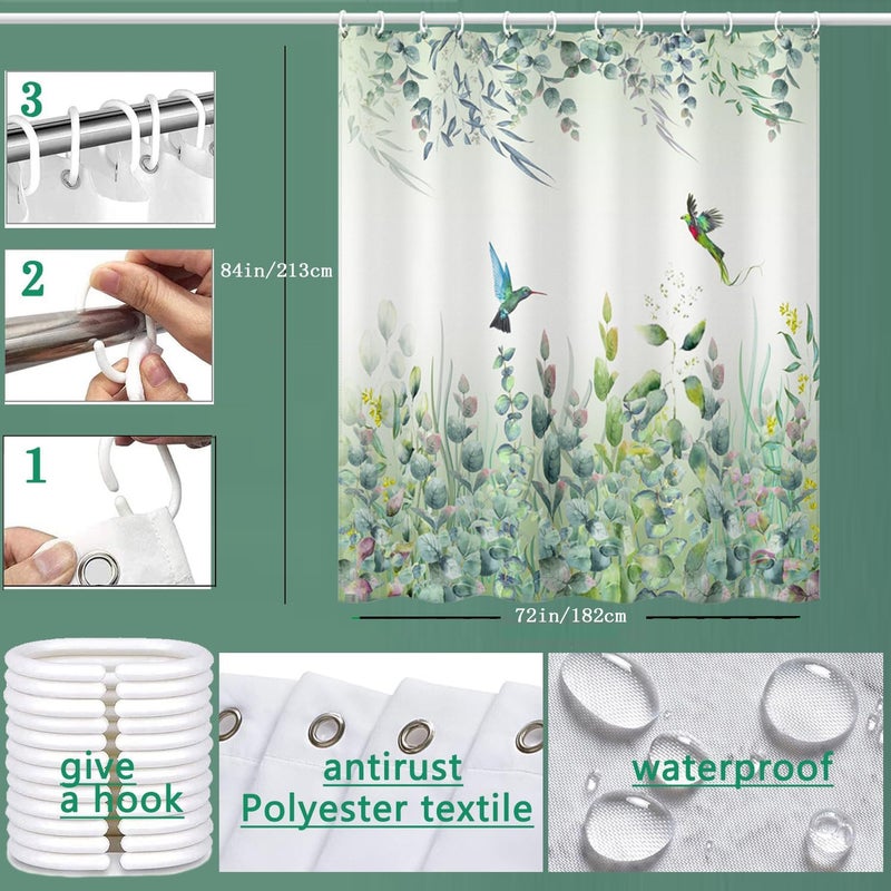 Niidder Green Leaf Shower Curtain  Emerald Bird Mint Green Shower Curtain -72 ""W x 84"" L with 12 Hooks  Weighted Hem Shower Curtain  Waterproof Bathroom Shower Curtain  Hummingbird Shower Curtain - Image 3