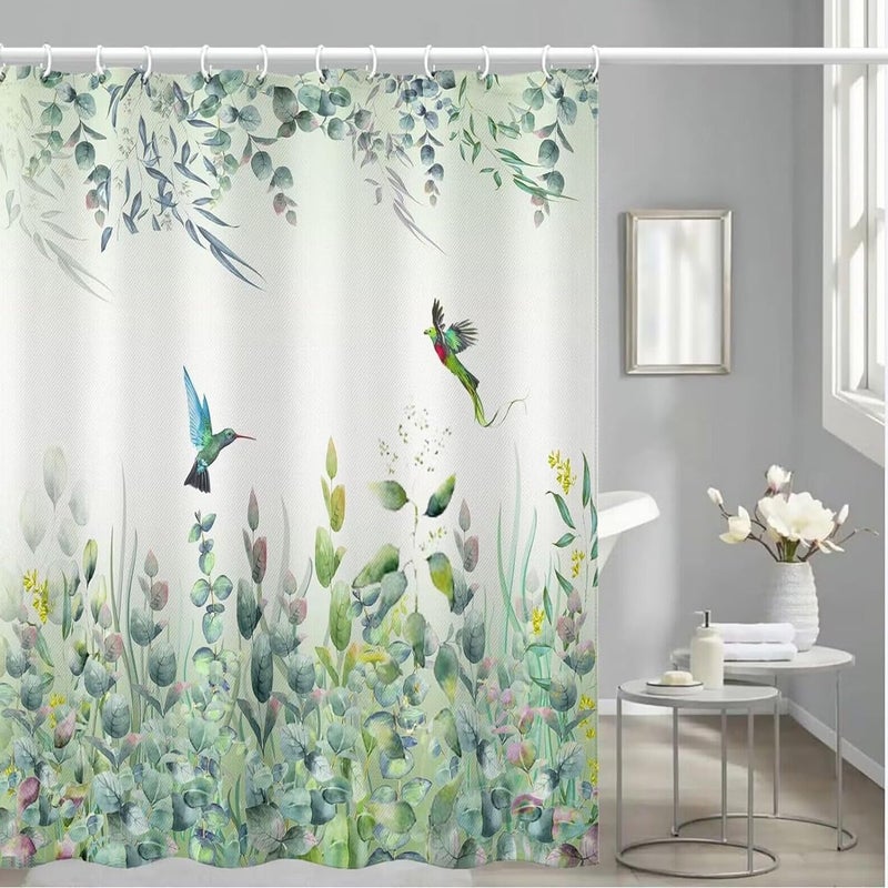 Niidder Green Leaf Shower Curtain  Emerald Bird Mint Green Shower Curtain -72 ""W x 84"" L with 12 Hooks  Weighted Hem Shower Curtain  Waterproof Bathroom Shower Curtain  Hummingbird Shower Curtain - Image 1