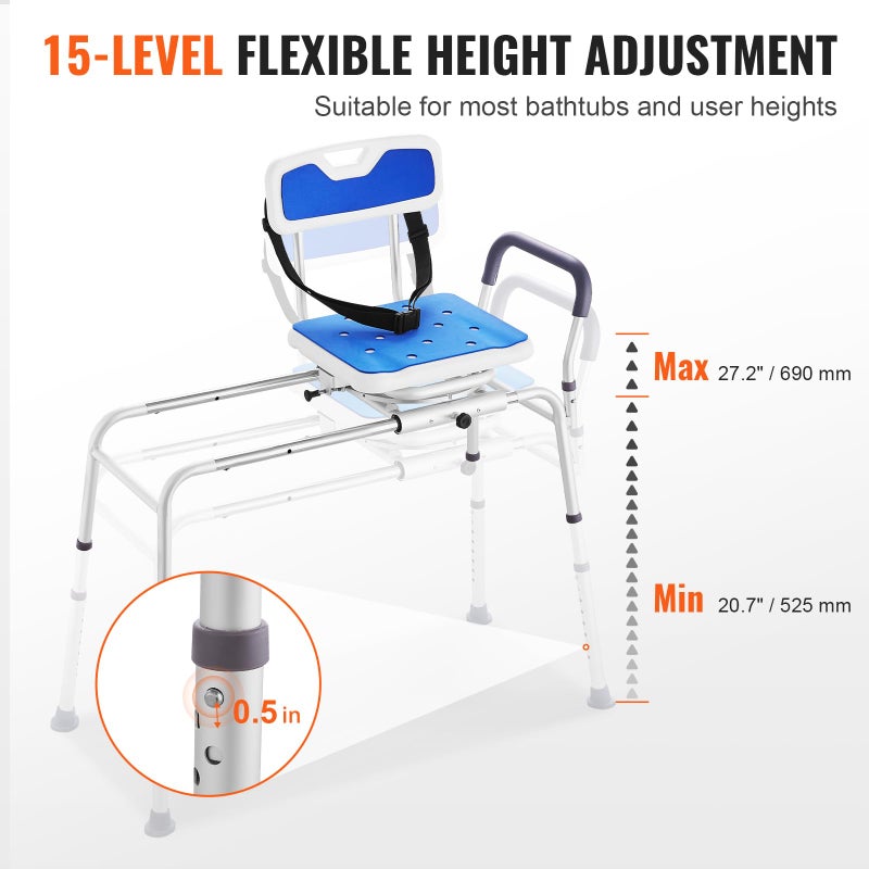 VEVOR Sliding Tub Transfer Bench with 360 Degree Swivel Seat, Height Adjustable Bathtub Transfer Bench with Armrest & Safety Belt, Non-Slip Rotating Shower Chair for Elderly Disabled, 400LBS Capacity - Image 3