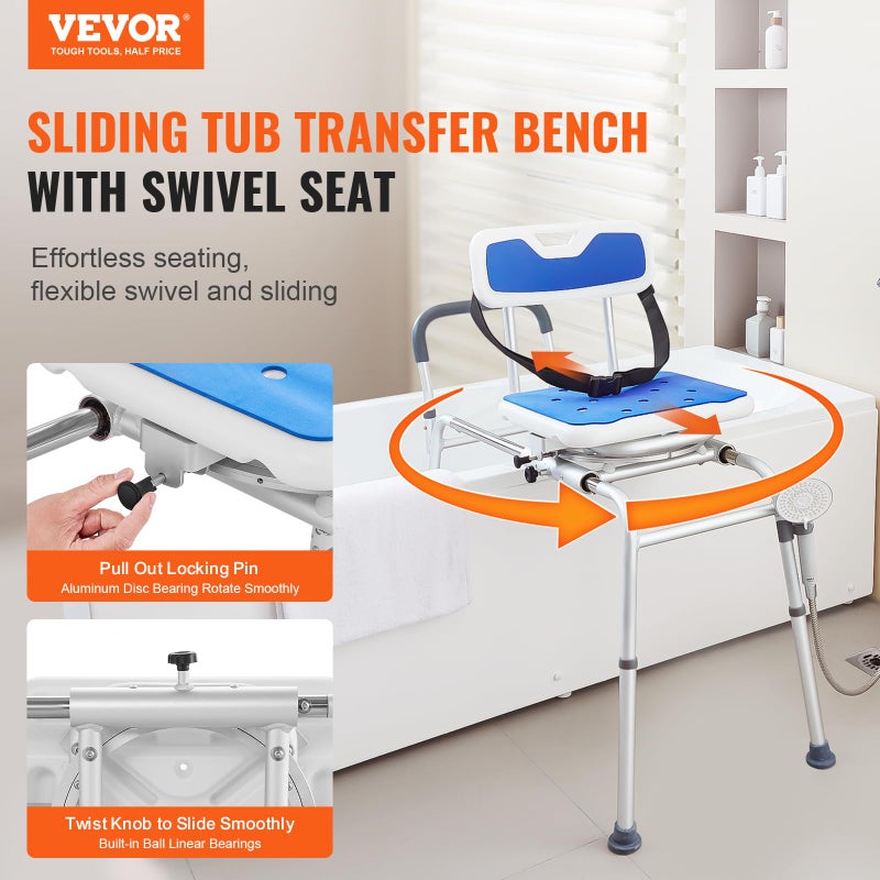 VEVOR Sliding Tub Transfer Bench with 360 Degree Swivel Seat, Height Adjustable Bathtub Transfer Bench with Armrest & Safety Belt, Non-Slip Rotating Shower Chair for Elderly Disabled, 400LBS Capacity - Image 2