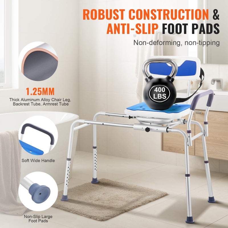 VEVOR Sliding Tub Transfer Bench with 360 Degree Swivel Seat, Height Adjustable Bathtub Transfer Bench with Armrest & Safety Belt, Non-Slip Rotating Shower Chair for Elderly Disabled, 400LBS Capacity - Image 5