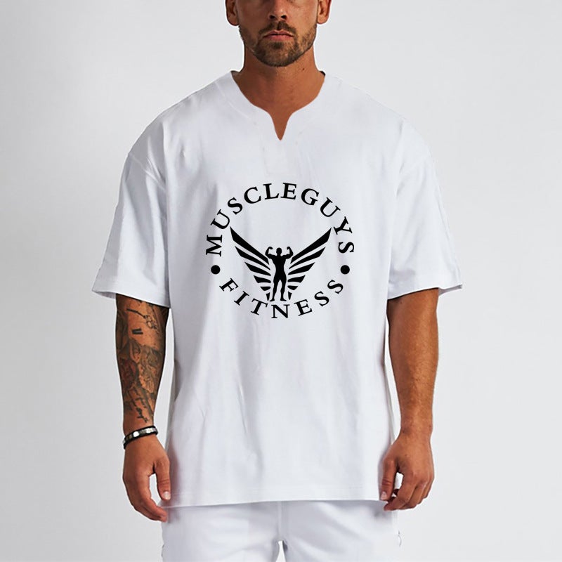 Sports short sleeve men''s T-shirt foreign trade new fitness loose half sleeve bodybuilding fashion breathable cotton plus size half sleeve V-neck - Image 4