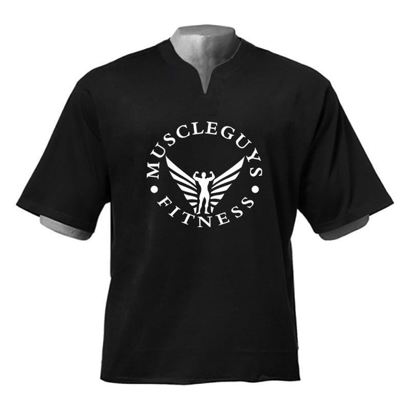 Sports short sleeve men''s T-shirt foreign trade new fitness loose half sleeve bodybuilding fashion breathable cotton plus size half sleeve V-neck - Image 2