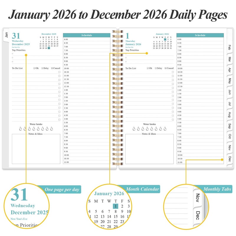 Yaridar Daily Planner 2026 Full Page Per Day- 2026 Daily & Monthly Planner from January 2026 to December 2026, Day Planner 2026 with 12 Months Tabs, 8.5" x 11", Black Flowers - Image 4