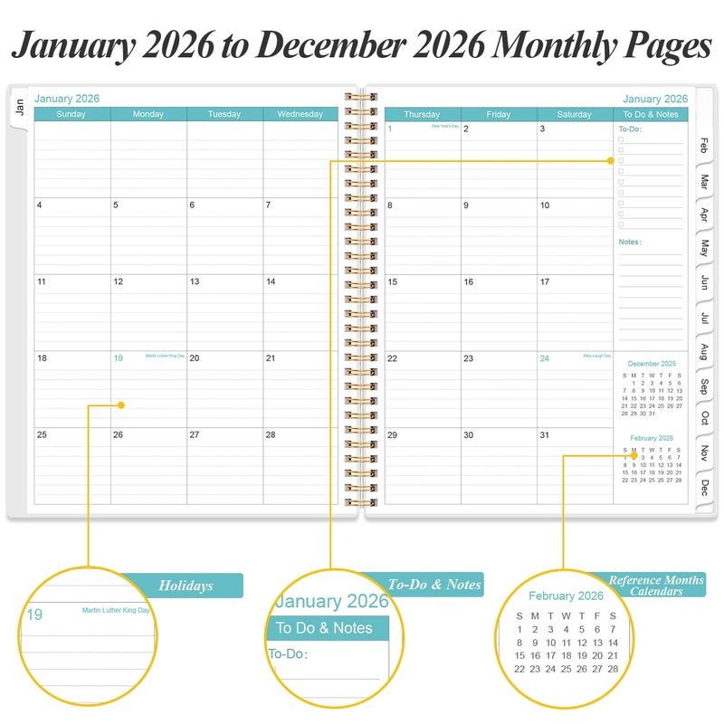 Yaridar Daily Planner 2026 Full Page Per Day- 2026 Daily & Monthly Planner from January 2026 to December 2026, Day Planner 2026 with 12 Months Tabs, 8.5" x 11", Black Flowers - Image 3