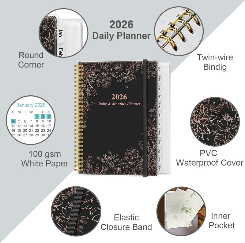 Yaridar Daily Planner 2026 Full Page Per Day- 2026 Daily & Monthly Planner from January 2026 to December 2026, Day Planner 2026 with 12 Months Tabs, 8.5" x 11", Black Flowers - Image 2