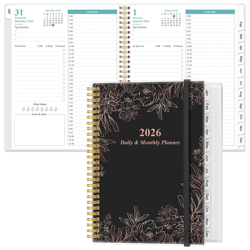 Yaridar Daily Planner 2026 Full Page Per Day- 2026 Daily & Monthly Planner from January 2026 to December 2026, Day Planner 2026 with 12 Months Tabs, 8.5" x 11", Black Flowers - Image 1