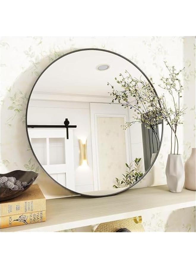 ميكسد Black Round Mirror,Glass Wall Mirror Circular with Metal Frame Matte Circle Mirror for Bathroom Vanity Bedroom Hallway Living Room Home Wall Decor (50cm) - Image 1