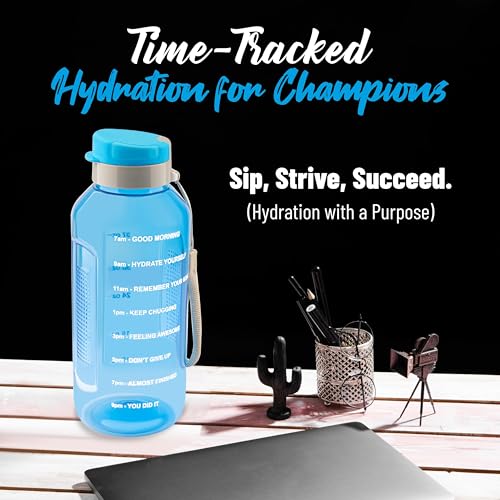 Clazkit Plastic Flexisip 1.5L Motivational Water Bottle | BPA-Free, Leak-Proof, Flip-Top Cap | Nylon Strap & Time Marker | Large Gym & Daily Hydration Bottle For Men & Women | Blue - Image 3