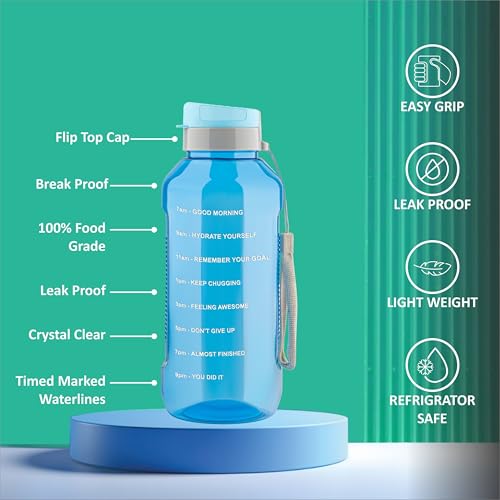 Clazkit Plastic Flexisip 1.5L Motivational Water Bottle | BPA-Free, Leak-Proof, Flip-Top Cap | Nylon Strap & Time Marker | Large Gym & Daily Hydration Bottle For Men & Women | Blue - Image 4