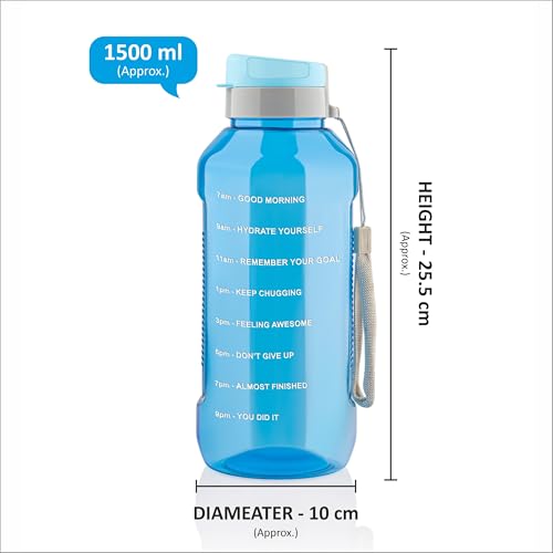 Clazkit Plastic Flexisip 1.5L Motivational Water Bottle | BPA-Free, Leak-Proof, Flip-Top Cap | Nylon Strap & Time Marker | Large Gym & Daily Hydration Bottle For Men & Women | Blue - Image 2