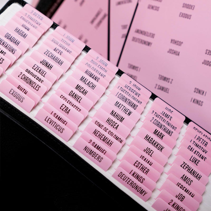UPAFEXXI-Laminated Bible Tabs (Black Foil Embossed Lettering), Bible Tabs for Women and Men, Reposition Large Print Stickers, Easy to Read and Apply, 80Chapters Labels for Easy Navigation(Pink) - Image 1