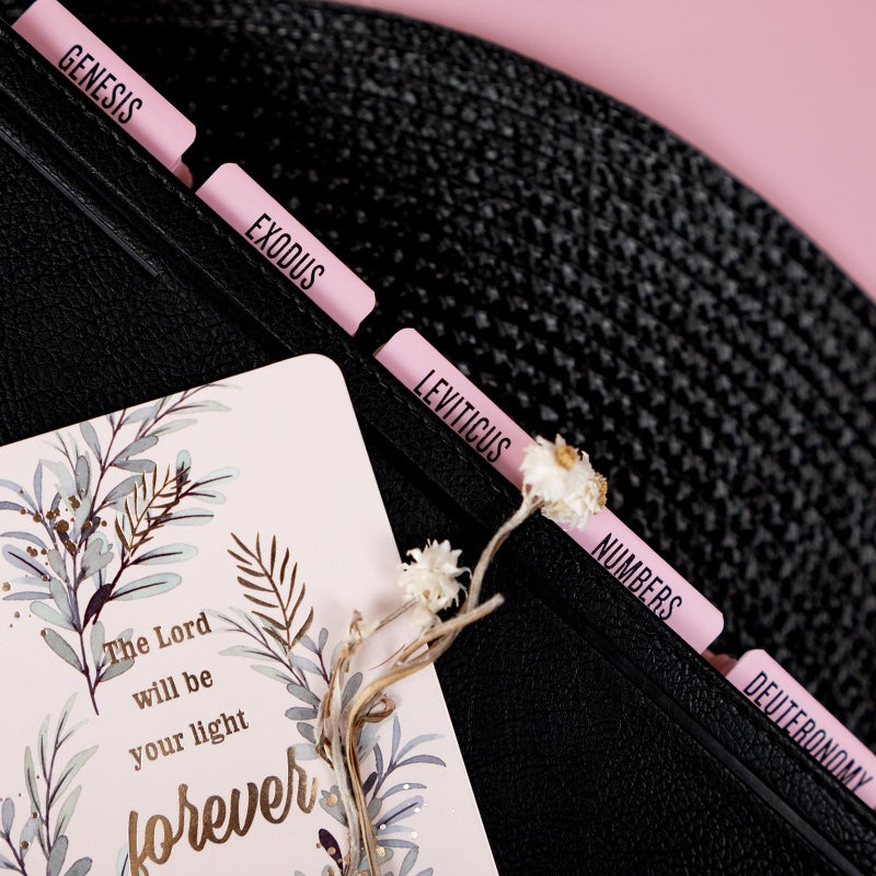 UPAFEXXI-Laminated Bible Tabs (Black Foil Embossed Lettering), Bible Tabs for Women and Men, Reposition Large Print Stickers, Easy to Read and Apply, 80Chapters Labels for Easy Navigation(Pink) - Image 2