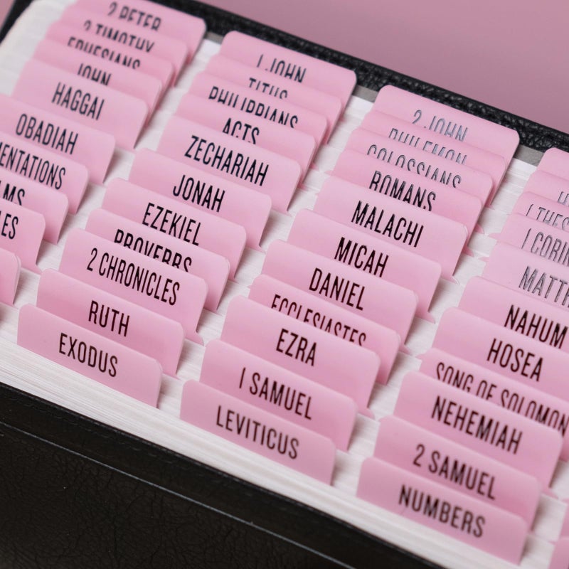 UPAFEXXI-Laminated Bible Tabs (Black Foil Embossed Lettering), Bible Tabs for Women and Men, Reposition Large Print Stickers, Easy to Read and Apply, 80Chapters Labels for Easy Navigation(Pink) - Image 4