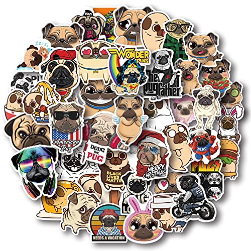 Aowplc Cute Pug Stickers 50 Pcs Kawaii Dog Stickers Pack Waterproof Funny Pet Puppy Vinyl Sticker Decals - Image 1