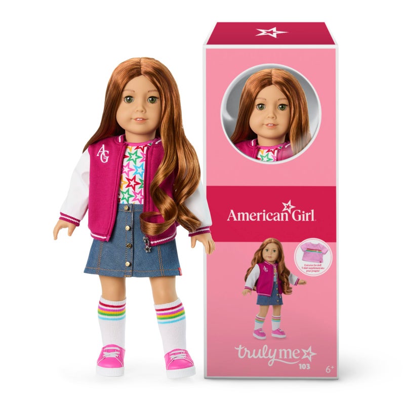 دمية أمريكان جيرل ترولي مي بطول 18 بوصة 103 بعيون خضراء وشعر أحمر مموج وبشرة فاتحة إلى متوسطة للأعمار من 6 سنوات